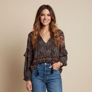 American Eagle Black Floral Print‎ Long Sleeve Top Boho